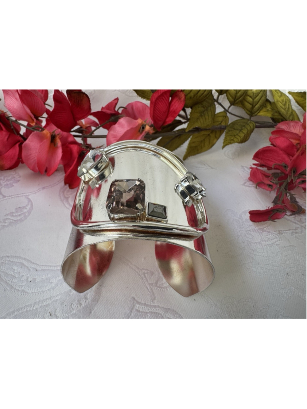 Bracelet SilverTone Bold Chunky Crystal Stones 2.5" Wide Cuff Bangle Retro NEW